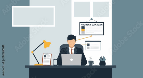 Man Working on Laptop at Desk.