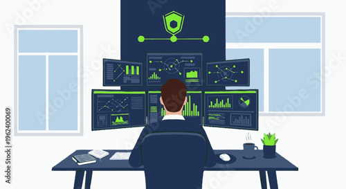 Man Working on Multiple Computer Monitors.