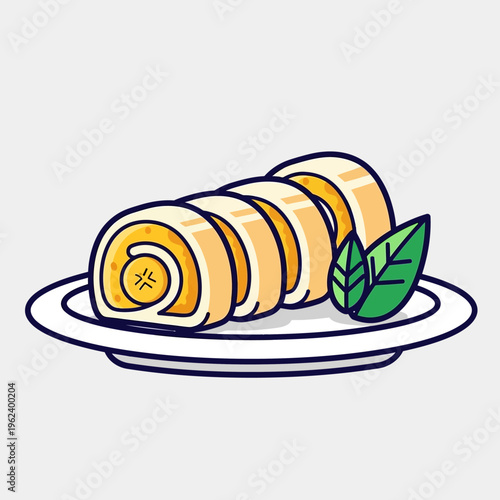 Delicious Banana Swiss Roll Cake Slices on a White Plate with Mint Leaves