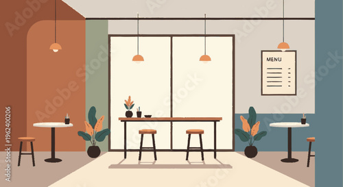 Modern Minimalist Cafe Interior with Tables and Chairs.