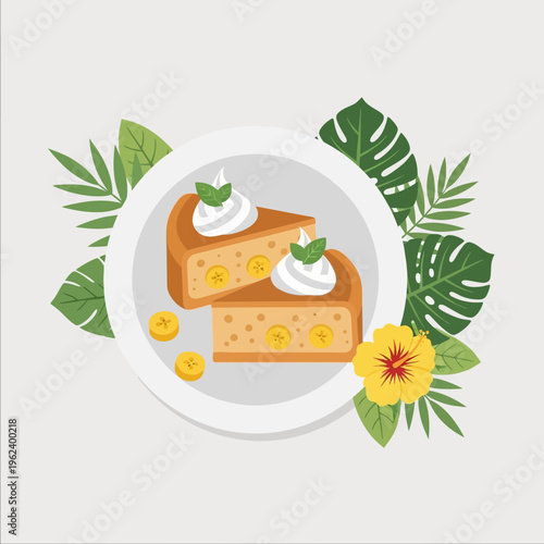 Delicious Banana Cake Slices with Whipped Cream and Tropical Leaves
