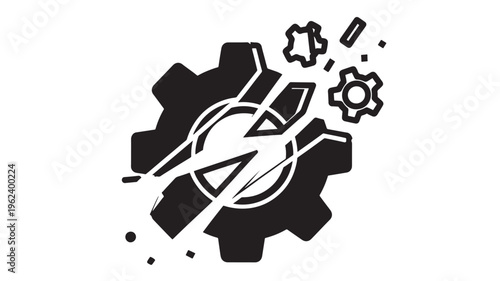 Gear mechanical with lightning bolt and cogs in black silhouette vector graphic featuring illustration, industrial, technology with machinery and