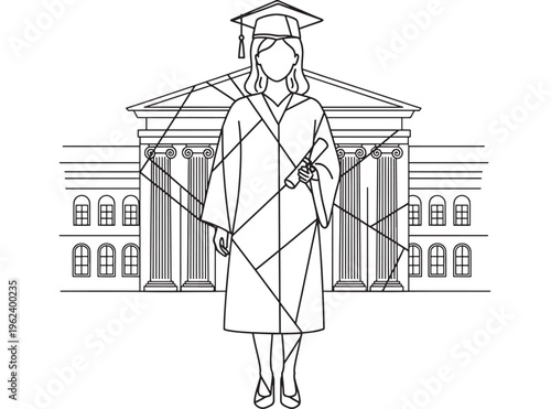 Graduation cap and gown with diploma in hand in front of university building featuring education, graduate, degree with academic and achievement