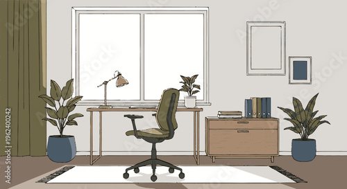 Modern Office Desk with Green Chair and Plants.