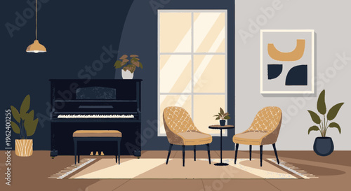 Modern Piano and Chairs in Living Room.