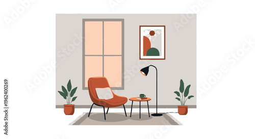 Modern Orange Chair with Floor Lamp.