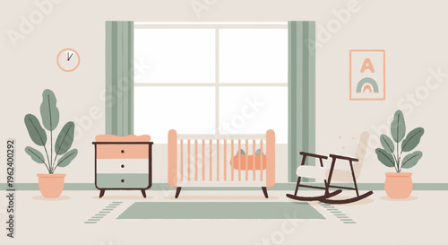 Nursery Interior with Crib and Furniture.