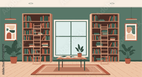 Modern Room Interior with Bookshelves and Window.