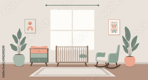 Nursery Interior with Crib and Furniture.