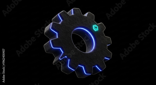 3D rendering of a glowing blue gear icon.