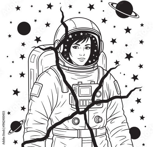 Astronaut wearing a space suit with helmet and backpack in outer space with stars and planets featuring galaxy, cosmos, science fiction with