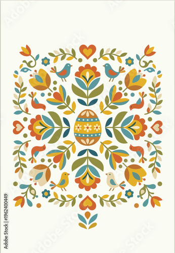 Scandinavian folk art Easter illustration with symmetric floral patterns, birds, and ornamental egg. Colorful Nordic style greeting card design on white background.
