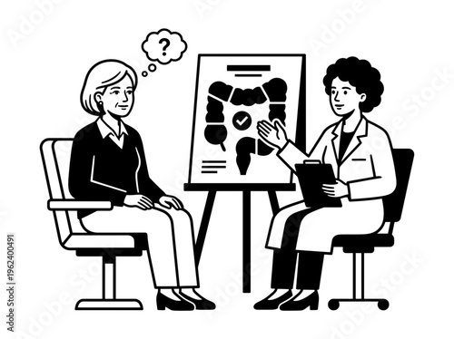 Woman at colon screening consultation with doctor