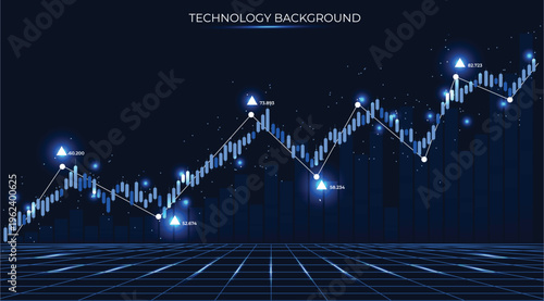 Blue Japanese candlestick charts signaling bullish outlook for stock market trading and investment. Stocks, Forex, crypto buying/selling analysis. Financial visuals with lines and dynamic pattern.