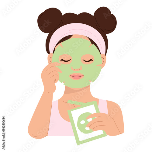 Woman in green sheet mask with clock. Flat vector illustration of female character in pink headband waiting for facial skincare treatment duration