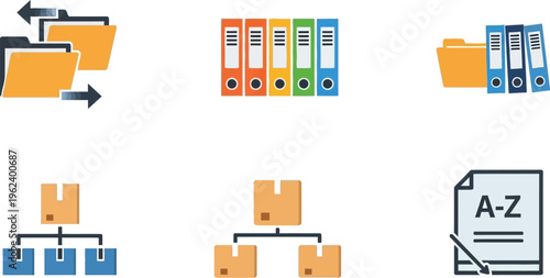 Various icons represent file management systems, including folders, binders, and organizational charts for data storage and retrieval.