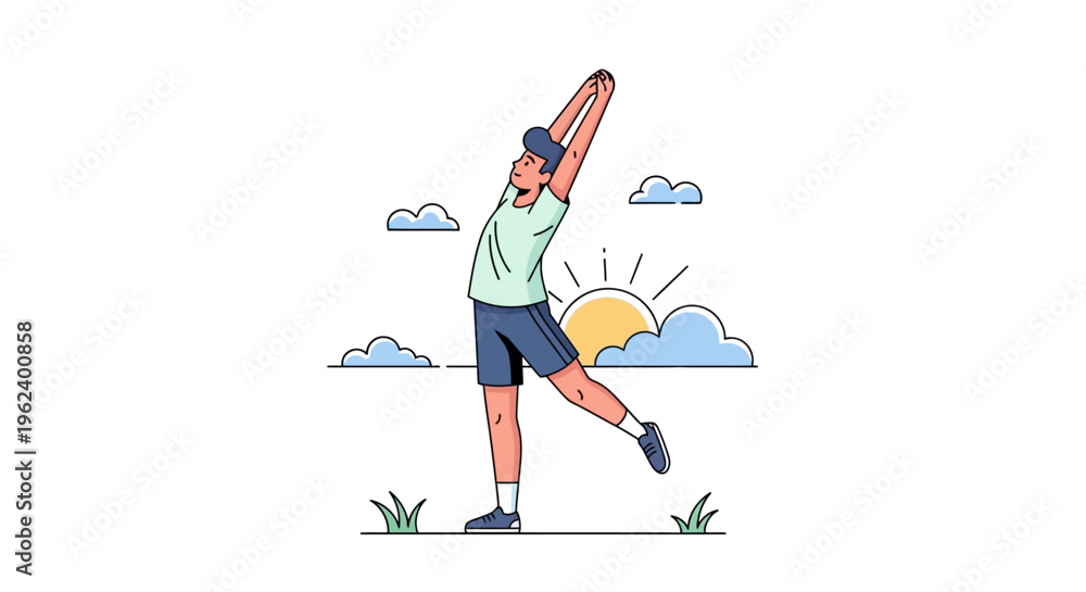 Fototapeta premium Person stretching in a park on a sunny day with clouds and sun