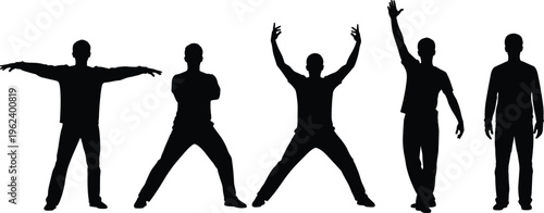 Black silhouettes of five men posing in various athletic stances to creatively spell the word taxi against a white background