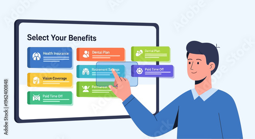 A man presents benefits on a screen with colorful boxes in office.