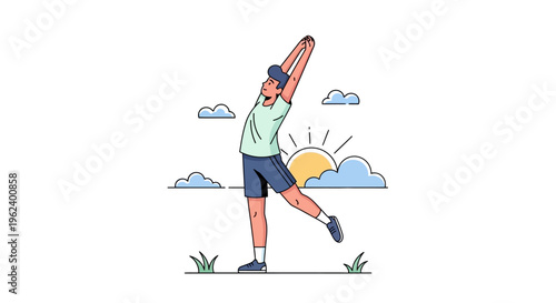 Person stretching in a park on a sunny day with clouds and sun