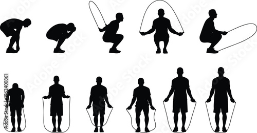 Black silhouettes of man jumping rope in various poses, skipping rope workout set, fitness training icons, exercise and cardio health