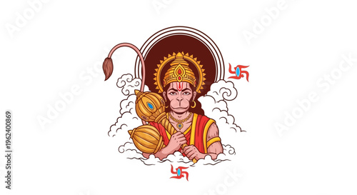 Mythical creature with a majestic crown sits serenely amidst clouds and symbols.