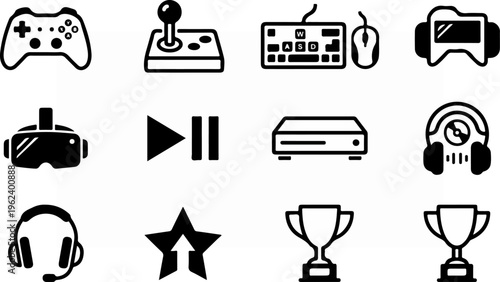 Collection of gaming icons representing various gaming elements and devices.