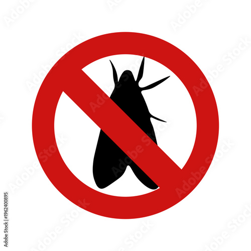 Prohibition sign with moth silhouette inside red crossed circle. Isolated on white background. Concept of pest control, clothing protection and household hygiene.