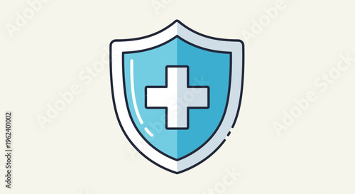 A blue shield icon with a white cross is displayed prominently on a cream background