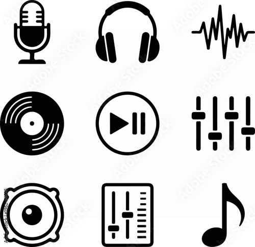Collection of music-related icons representing sound and audio elements.