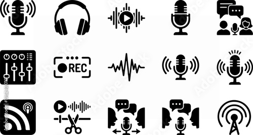Collection of podcasting and audio recording icons and symbols.
