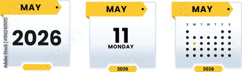 May 11 2026 Monday Calendar Icon Set Highlighting Specific Weekday Date with Monthly Grid View and Yearly Planner Graphic Elements for Digital Scheduling and Events