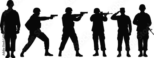 Black soldier silhouettes set in various poses including aiming weapon, saluting and standing for military defense, army and war concept.