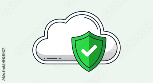 A green shield with a checkmark protects a cloud storage device.
