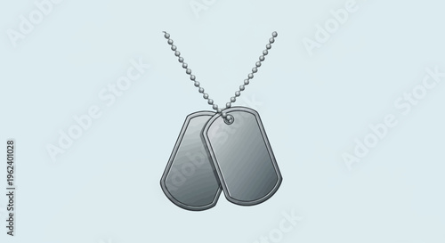 A soldier's dog tags hang from a metal chain on a light blue background