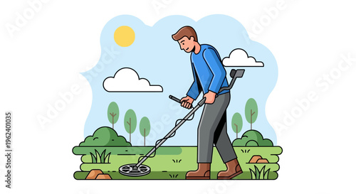 Man uses metal detector outdoors in sunny field with trees