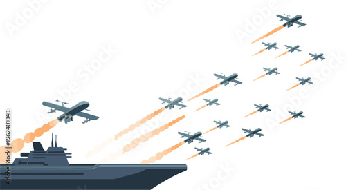 Aircraft Carrier Launching Drones with Orange Smoke Trails