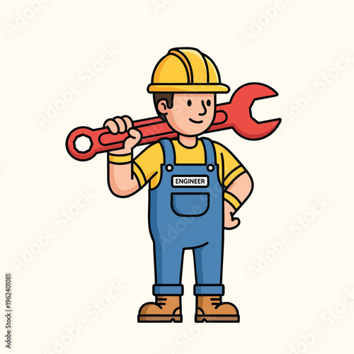 A cartoon engineer, wearing a yellow hard hat and overalls, poses with a large red wrench. A sticker on the bib says "ENGINEER