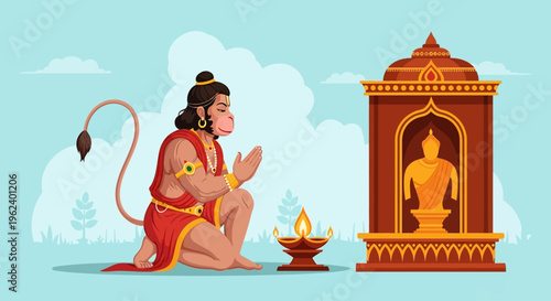 Hindu monkey god kneels in prayer beside a lit lamp and Buddha statue.