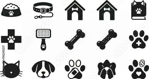 Collection of various pet care related icons and symbols.