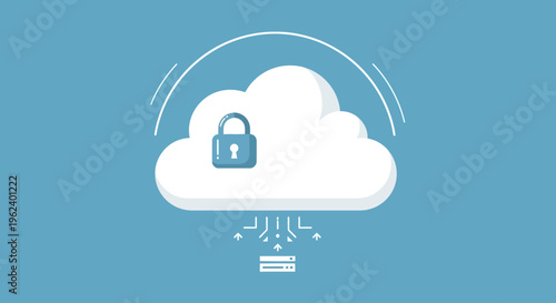 Cloud storage security concept with locked padlock and data flow