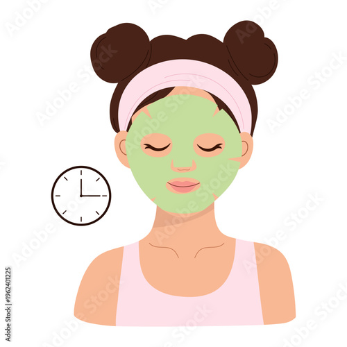 Woman in green sheet mask with clock. Flat vector illustration of female character in pink headband waiting for facial skincare treatment duration.