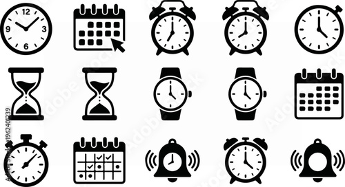 Collection of various time-related icons, clocks, calendars, and timers.