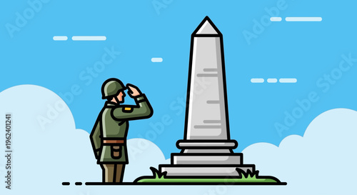 A soldier salutes respectfully at a memorial monument outdoors.