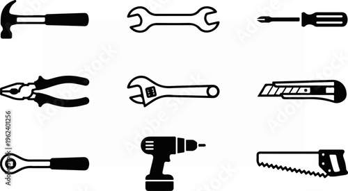 Collection of various tools for construction and repair work.