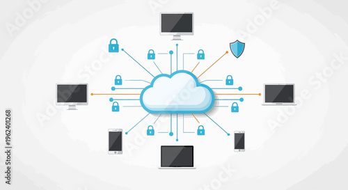 Cloud computing security concept with shield and locks connecting devices