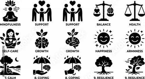 Collection of Wellness Icons Representing Mental Health and Well-being.
