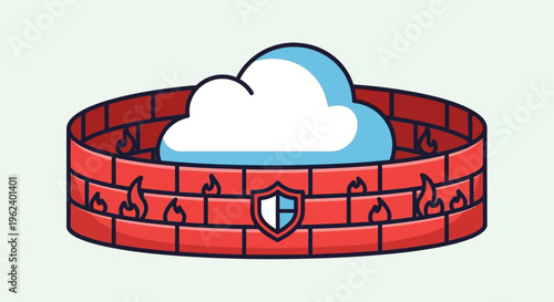 A protected cloud floats above a red brick wall with a shield emblem