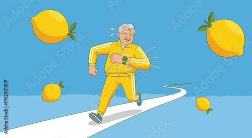 Active senior man in yellow tracksuit jogging on a path, checking smartwatch, surrounded by lemons, symbolizing health, vitality, and an active healthy lifestyle.