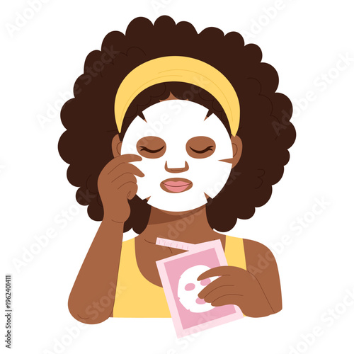 Woman applying sheet mask from pink package. Flat vector illustration of female character with curly hair putting on facial skincare product